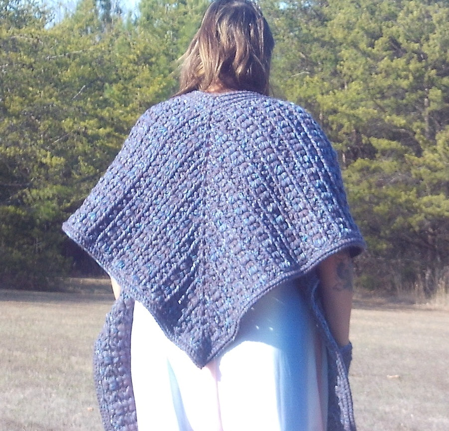 Textured Crochet Pocket Shawl in Dark Purple – Boho Wearable Wrap with Pockets