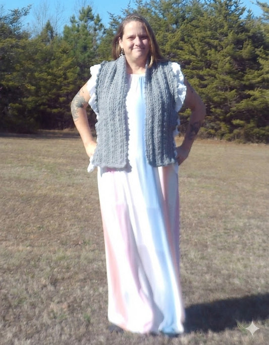 Boho-Chic Elegance: Ruffled Lace Trimmed Crochet Wrap in Slate Grey