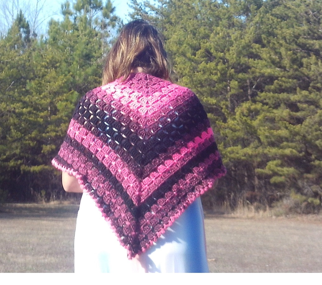 Chunky Pink & Black Gradient Crochet Shawl – Boho Triangle Wrap