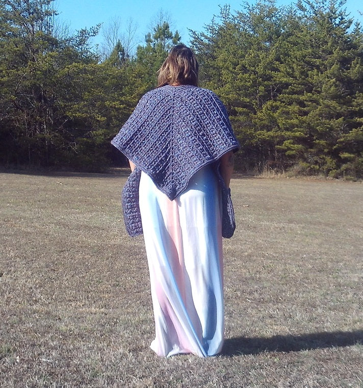 Textured Crochet Pocket Shawl in Dark Purple – Boho Wearable Wrap with Pockets