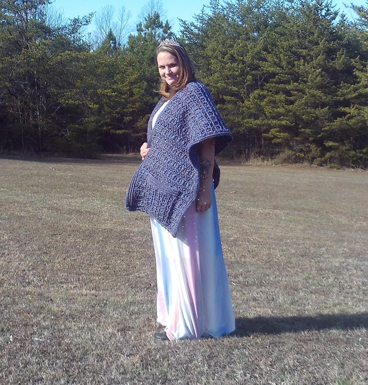 Textured Crochet Pocket Shawl in Dark Purple – Boho Wearable Wrap with Pockets