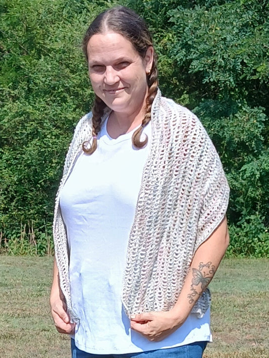 Handmade Crochet Loganberry Wrap – Lightweight Earth-Tone Lace Shawl