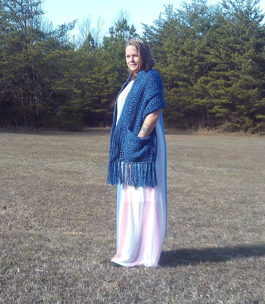 Elegant Midnight Blue Crochet Stole with Pockets