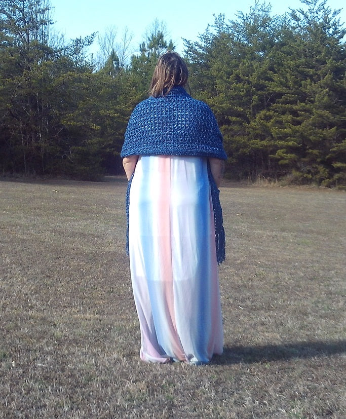 Elegant Midnight Blue Crochet Stole with Pockets