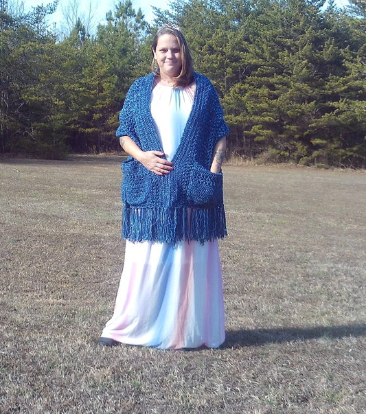 Elegant Midnight Blue Crochet Stole with Pockets