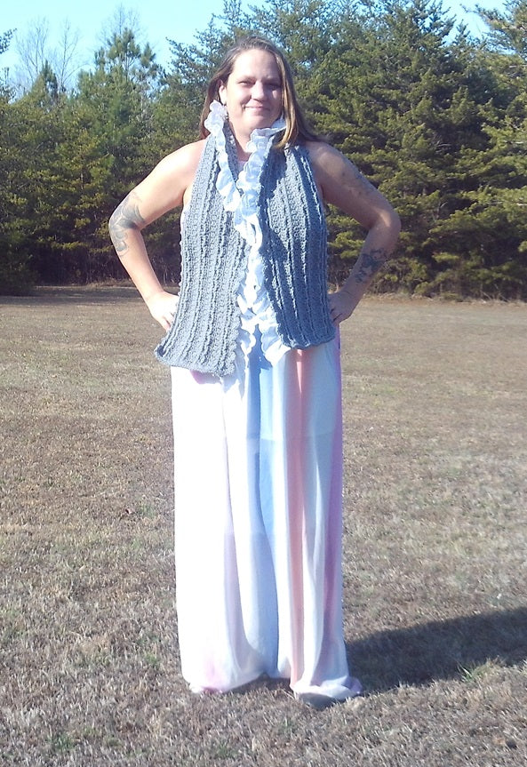 Boho-Chic Elegance: Ruffled Lace Trimmed Crochet Wrap in Slate Grey