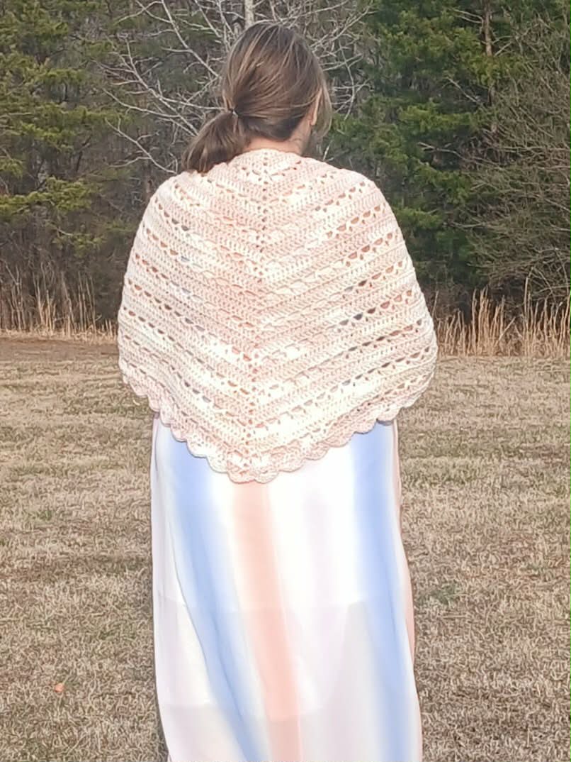 The Dewdrop Wrap – Hand-Crocheted Peaches & Cream Shawl